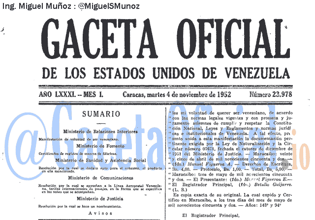 Gaceta Oficial 23978 del 4 Noviembre 1952