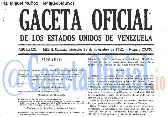 Gaceta Oficial 23991 del 19 Noviembre 1952