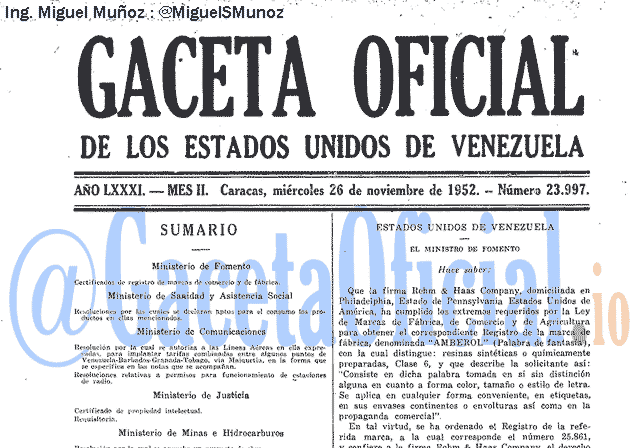 Gaceta Oficial 23997 del 26 Noviembre 1952