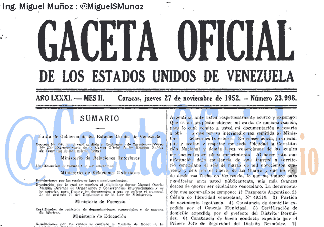 Gaceta Oficial 23998 del 27 Noviembre 1952