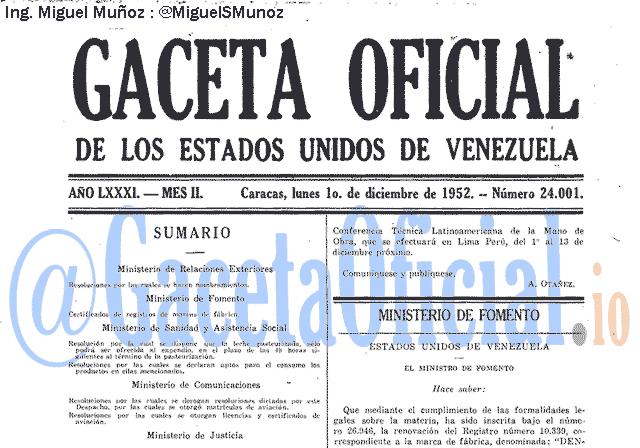 Gaceta Oficial 24001 del 1 Diciembre 1952