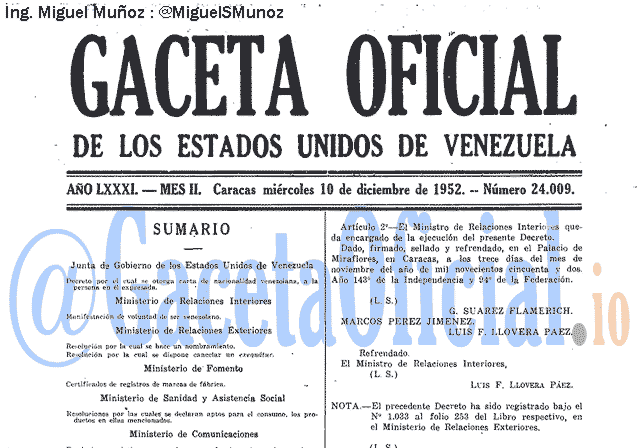 Gaceta Oficial 24009 del 10 Diciembre 1952