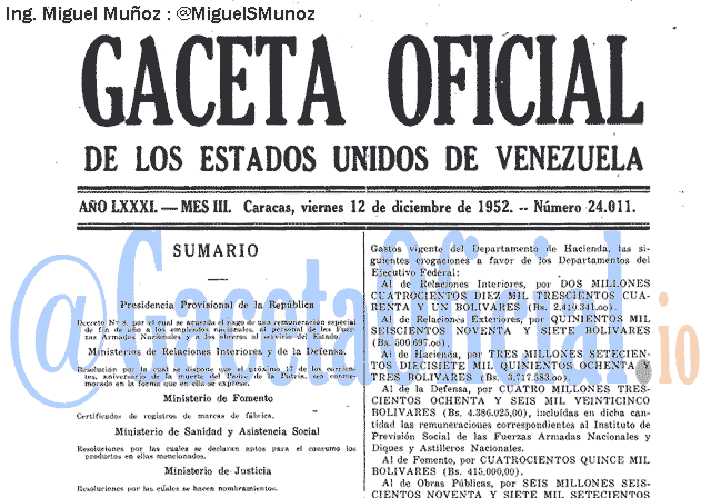 Gaceta Oficial 24011 del 12 Diciembre 1952