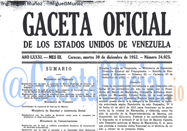 Gaceta Oficial 24025 del 30 Diciembre 1952