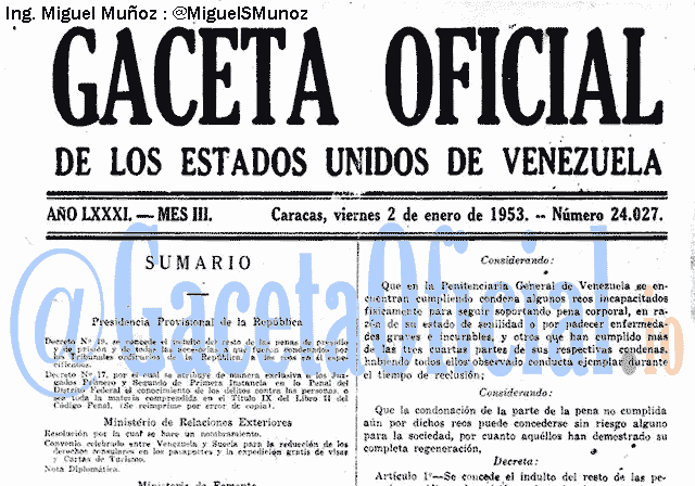 Gaceta Oficial 24027 del 2 Enero 1953