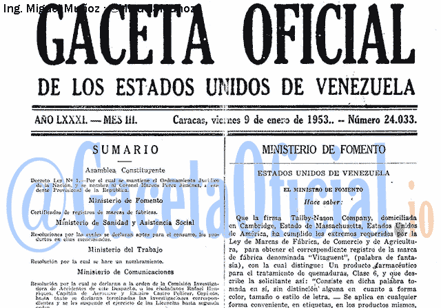 Gaceta Oficial 24033 del 9 Enero 1953