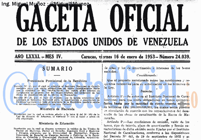 Gaceta Oficial 24039 del 16 Enero 1953