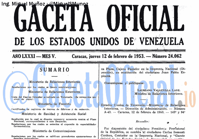 Gaceta Oficial 24062 del 12 Febrero 1953