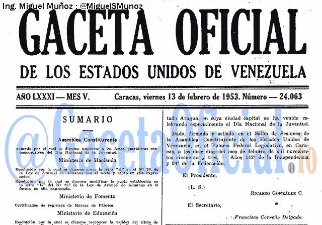 Gaceta Oficial 24063 del 13 Febrero 1953