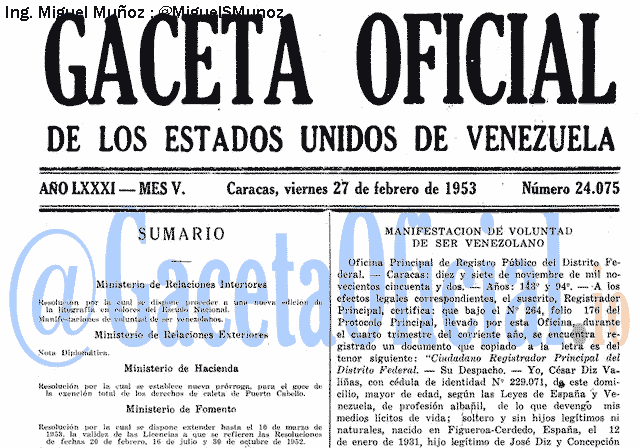Gaceta Oficial 24075 del 27 Febrero 1953