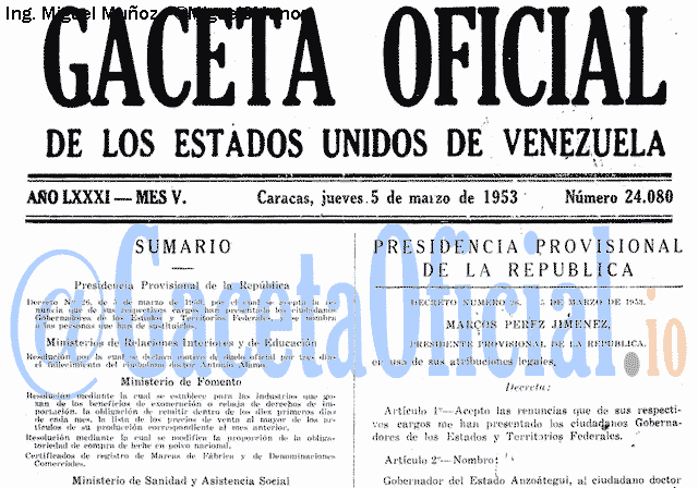 Gaceta Oficial 24080 del 5 Marzo 1953
