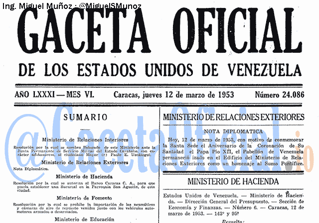 Gaceta Oficial 24086 del 12 Marzo 1953