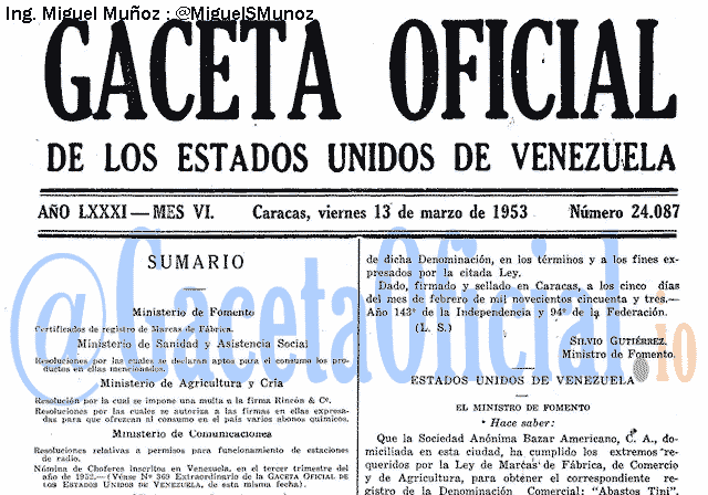 Gaceta Oficial 24087 del 13 Marzo 1953