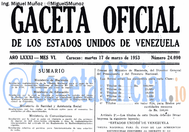 Gaceta Oficial 24090 del 17 Marzo 1953