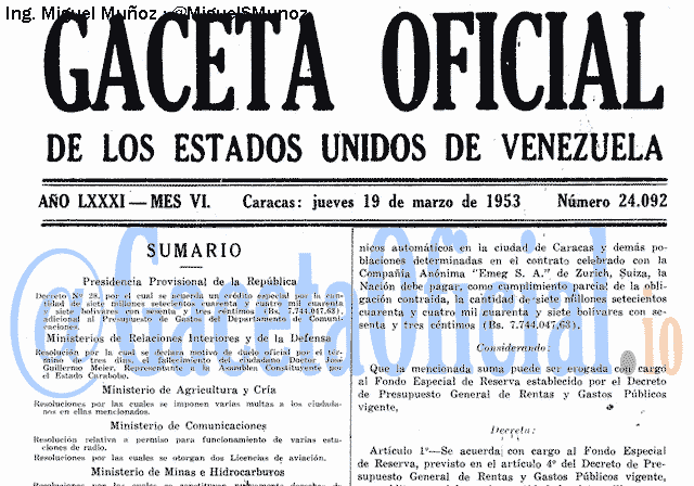 Gaceta Oficial 24092 del 19 Marzo 1953
