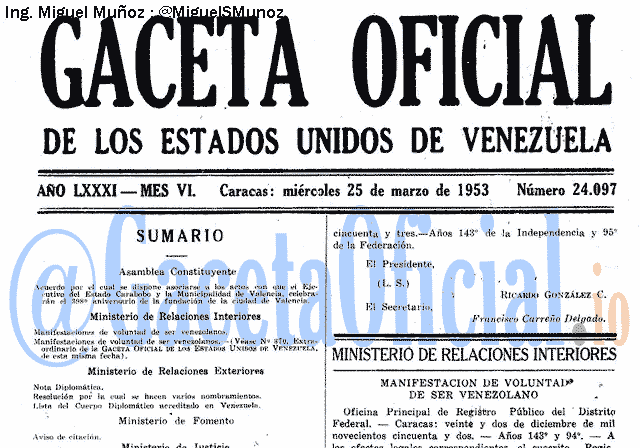 Gaceta Oficial 24097 del 25 Marzo 1953