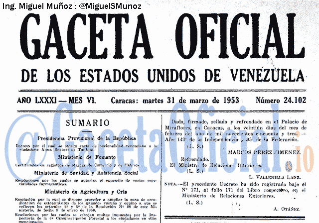 Gaceta Oficial 24102 del 31 Marzo 1953