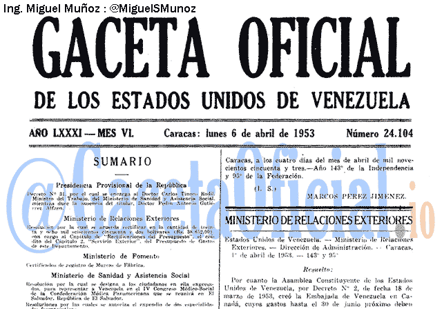 Gaceta Oficial 24104 del 6 Abril 1953