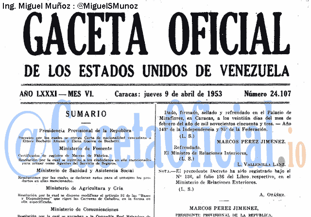 Gaceta Oficial 24107 del 9 Abril 1953