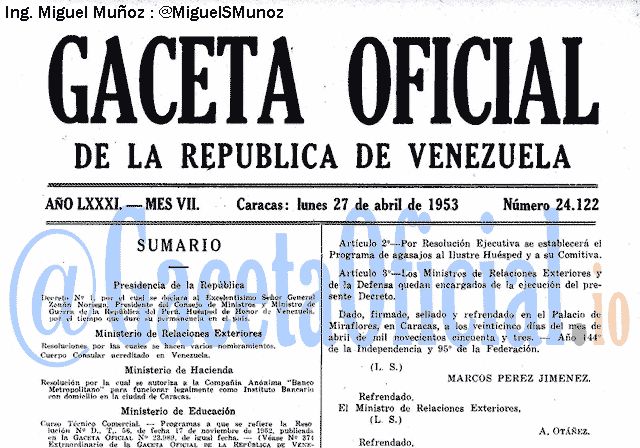 Gaceta Oficial 24122 del 27 Abril 1953