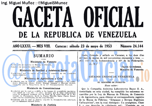 Gaceta Oficial 24144 del 23 Mayo 1953