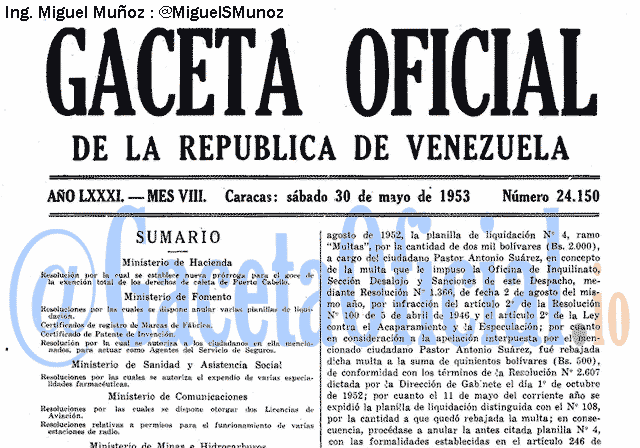 Gaceta Oficial 24150 del 30 Mayo 1953