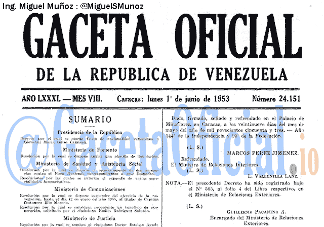 Gaceta Oficial 24151 del 1 Junio 1953