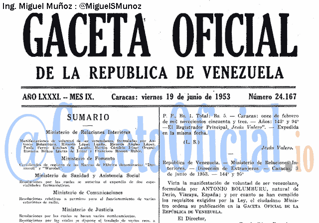 Gaceta Oficial 24167 del 19 Junio 1953