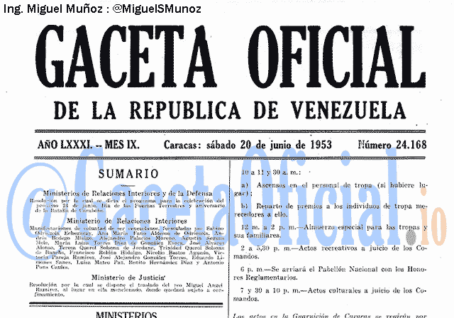 Gaceta Oficial 24168 del 20 Junio 1953