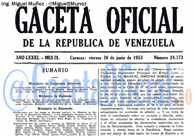 Gaceta Oficial 24173 del 26 Junio 1953