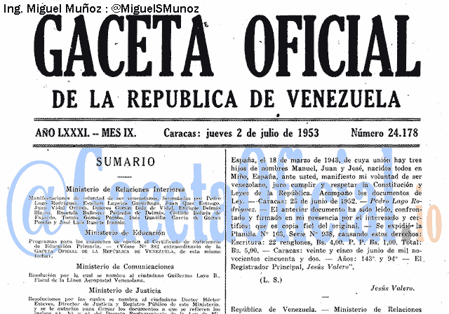 Gaceta Oficial 24178 del 2 Julio 1953
