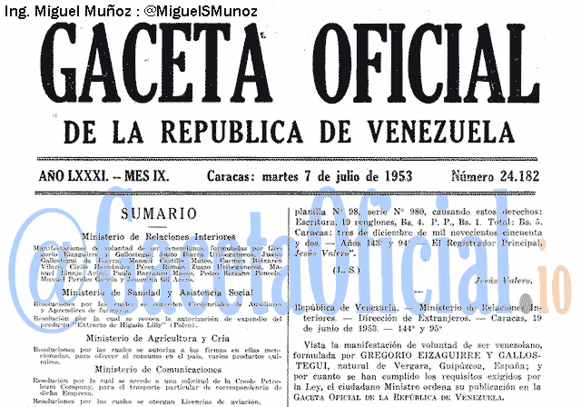 Gaceta Oficial 24182 del 7 Julio 1953