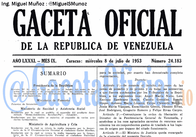 Gaceta Oficial 24183 del 8 Julio 1953