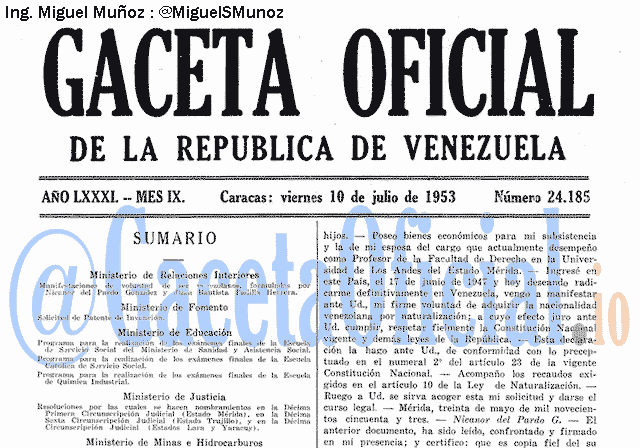Gaceta Oficial 24185 del 10 Julio 1953