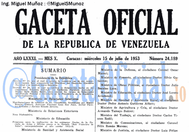 Gaceta Oficial 24189 del 15 Julio 1953