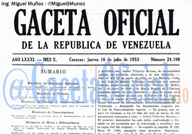 Gaceta Oficial 24190 del 16 Julio 1953