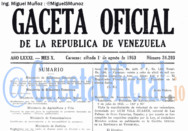 Gaceta Oficial 24203 del 1 Agosto 1953