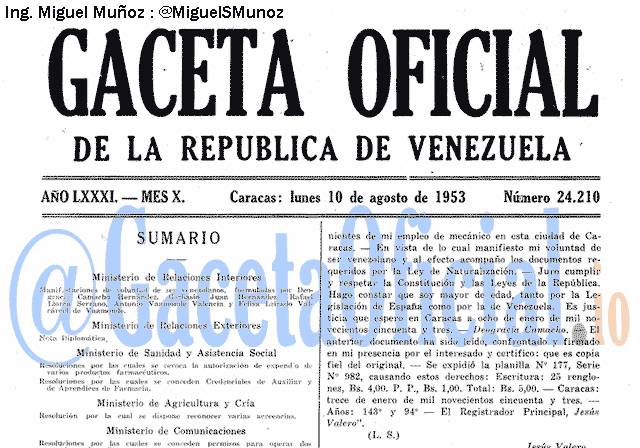 Gaceta Oficial 24210 del 10 Agosto 1953