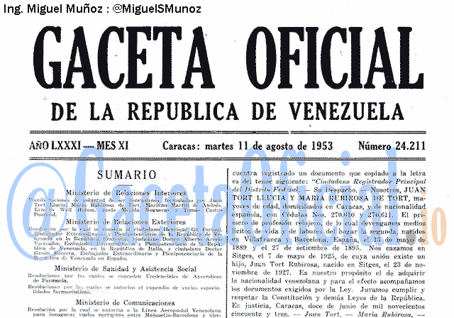 Gaceta Oficial 24211 del 11 Agosto 1953