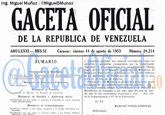Gaceta Oficial 24214 del 14 Agosto 1953