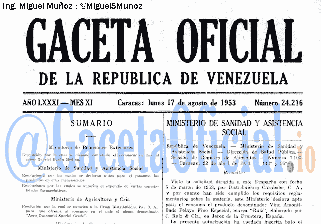 Gaceta Oficial 24216 del 17 Agosto 1953