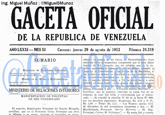 Gaceta Oficial 24219 del 20 Agosto 1953