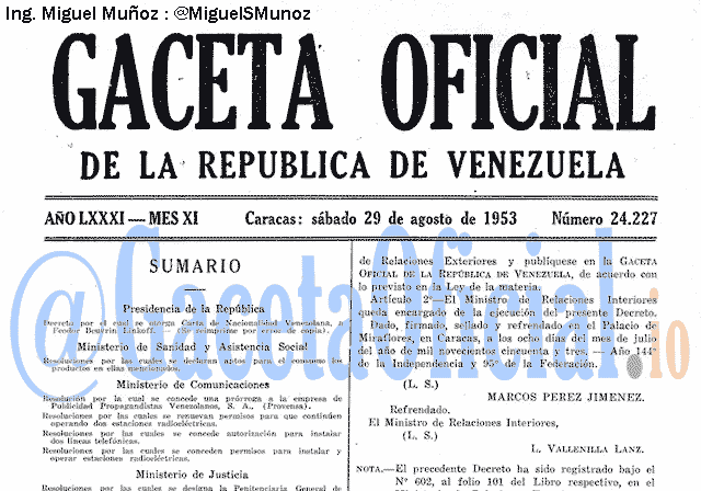 Gaceta Oficial 24227 del 29 Agosto 1953