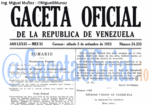Gaceta Oficial 24233 del 5 Septiembre 1953