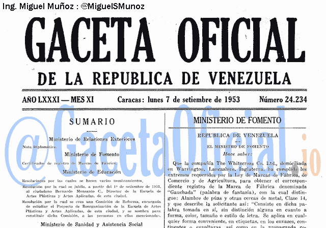 Gaceta Oficial 24234 del 7 Septiembre 1953