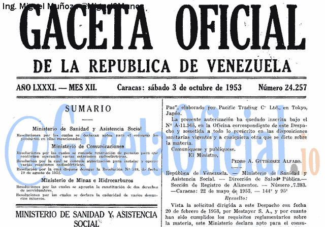 Gaceta Oficial 24257 del 3 Octubre 1953
