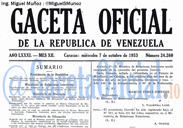 Gaceta Oficial 24260 del 7 Octubre 1953