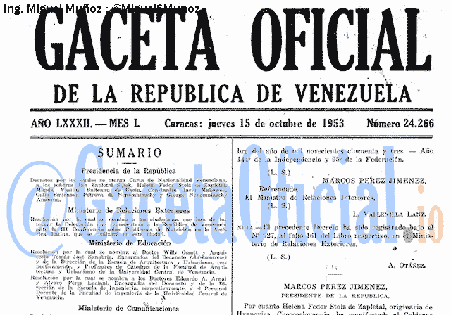 Gaceta Oficial 24266 del 15 Octubre 1953