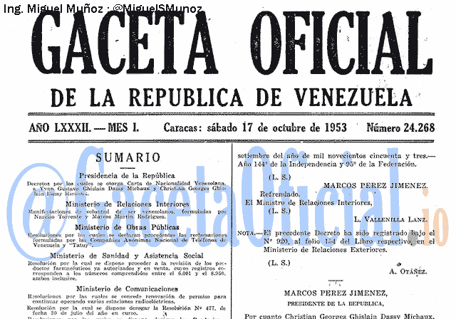 Gaceta Oficial 24268 del 17 Octubre 1953