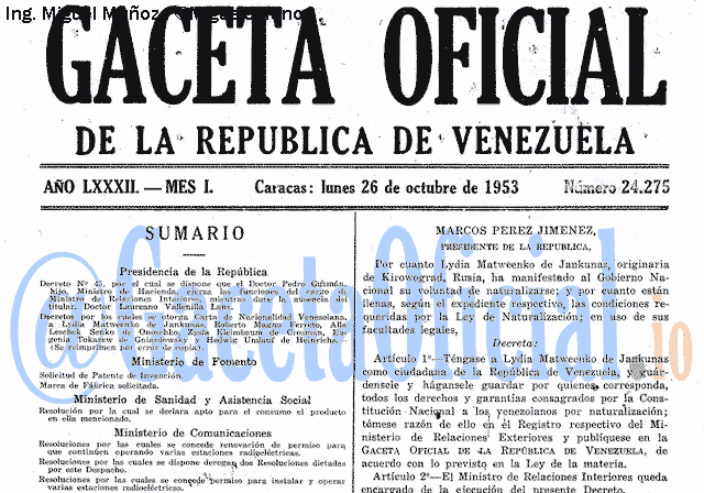 Gaceta Oficial 24275 del 26 Octubre 1953